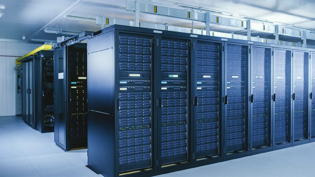 Data center server racks, hyperscale concrete flooring environment