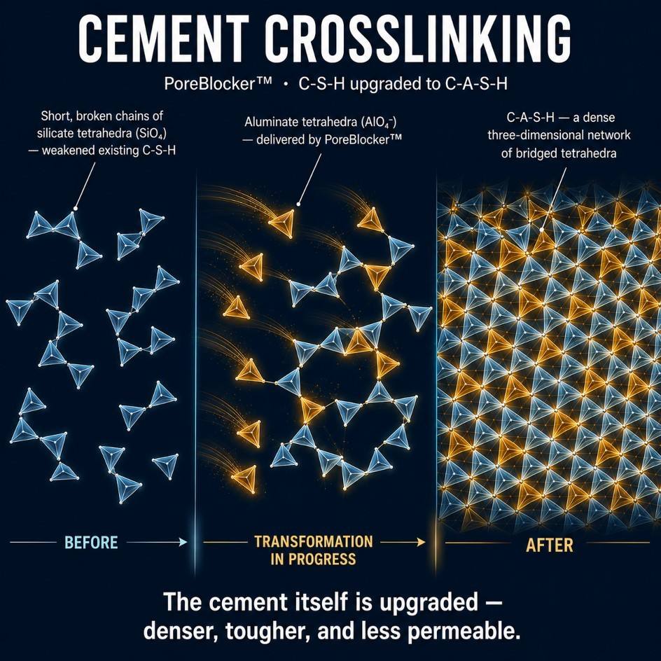 Cement crosslinking diagram, PoreBlocker treatment building a dense C-A-S-H binder network