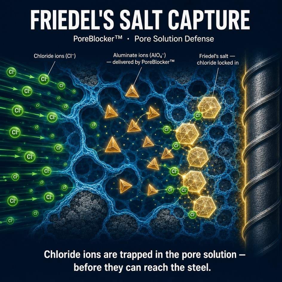 Friedel's salt diagram, chloride ions captured in concrete before reaching reinforcing steel
