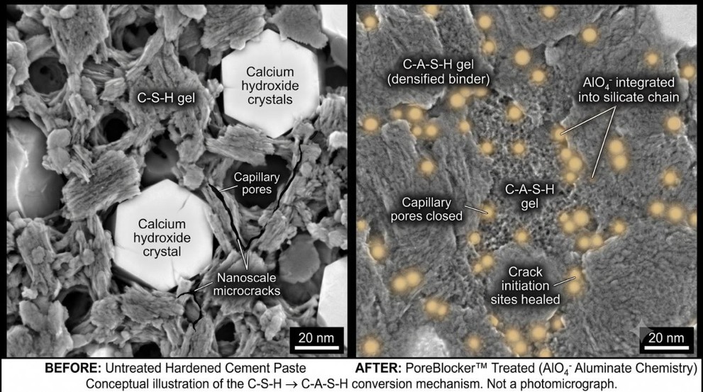 PoreBlocker penetrating concrete treatment, untreated versus treated cement paste illustration