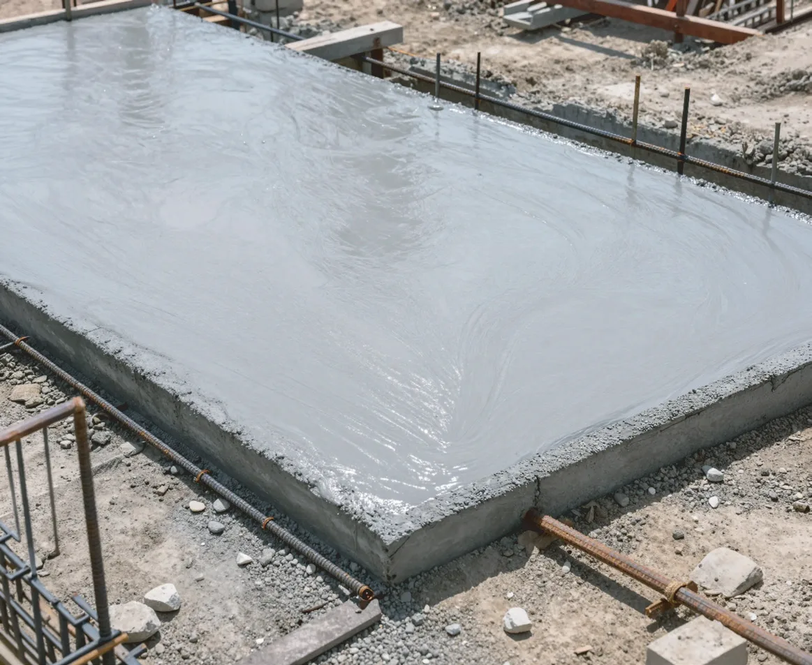 A freshly poured concrete slab sitting in its formwork on a construction site, the surface still wet, with reinforcing bar standing up around the edges