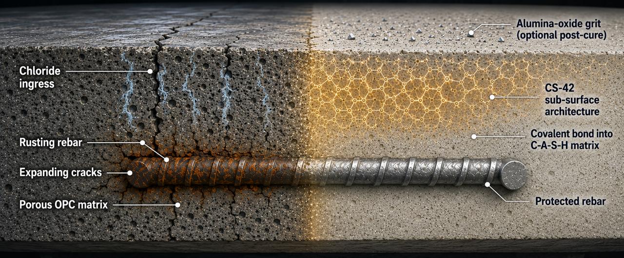 Illustrated cross-section of a bridge deck split into two halves. The left half is dark porous concrete with cracks reaching a rusting reinforcing bar. The right half is pale concrete carrying an amber hexagonal network through its upper depth, with a clean reinforcing bar below and scattered grit particles on the surface